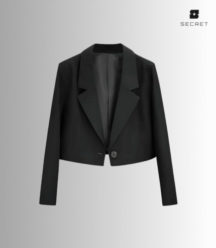 Alt Text: Women's solid color long sleeve suit jacket with turn-down collar, made from spandex fabric.