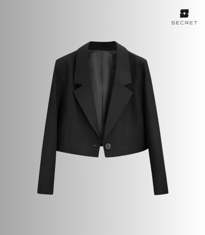 Alt Text: Women's solid color long sleeve suit jacket with turn-down collar, made from spandex fabric.