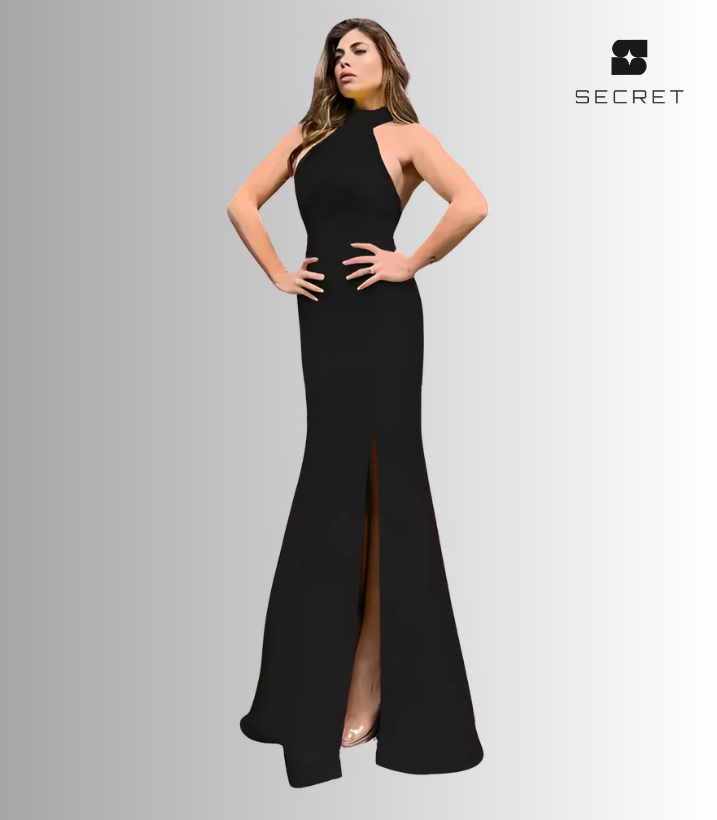 Elegant backless split maxi dress for women – perfect for fall parties in the UAE, featuring a thigh-high slit and chic worsted fabric