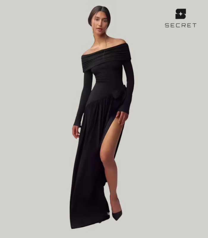 Elegant off-shoulder asymmetric high-slit long dress for women, backless and slimming fit