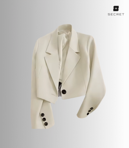 Alt Text: Women's solid color long sleeve suit jacket with turn-down collar, made from spandex fabric.