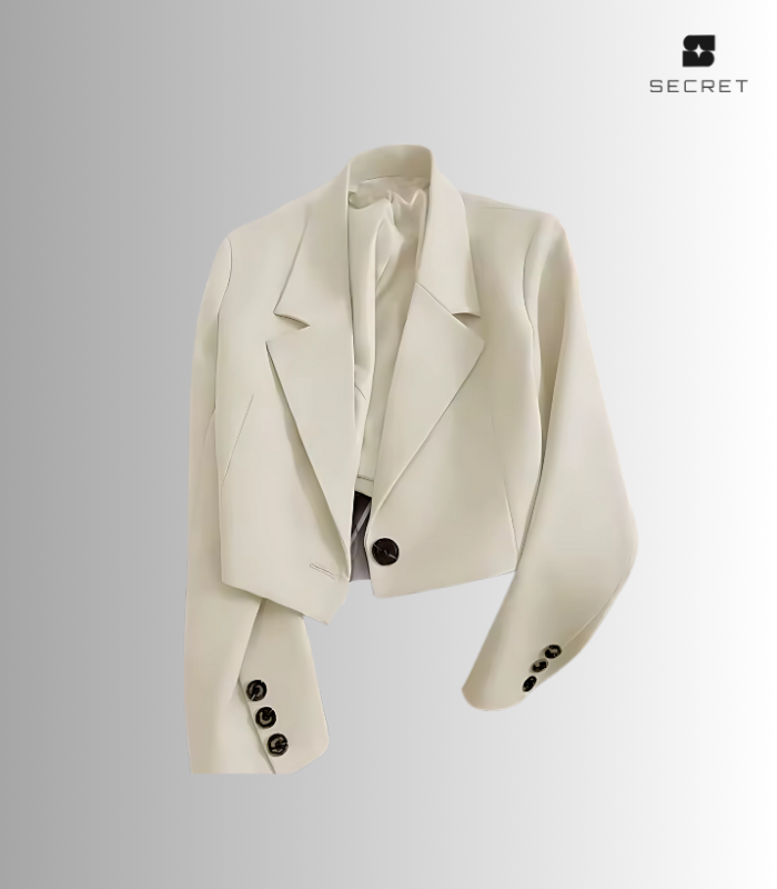 Alt Text: Women's solid color long sleeve suit jacket with turn-down collar, made from spandex fabric.
