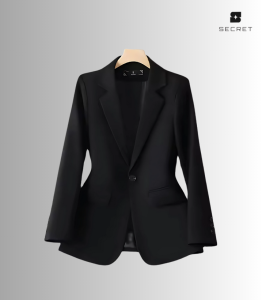 Women's white double-breasted blazer with long sleeves and turn-down collar, made from polyester and spandex blend.