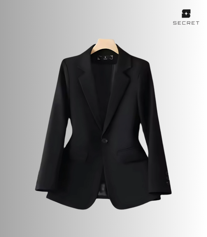 Women's white double-breasted blazer with long sleeves and turn-down collar, made from polyester and spandex blend.