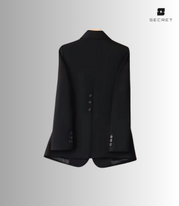 Women's white double-breasted blazer with long sleeves and turn-down collar, made from polyester and spandex blend.