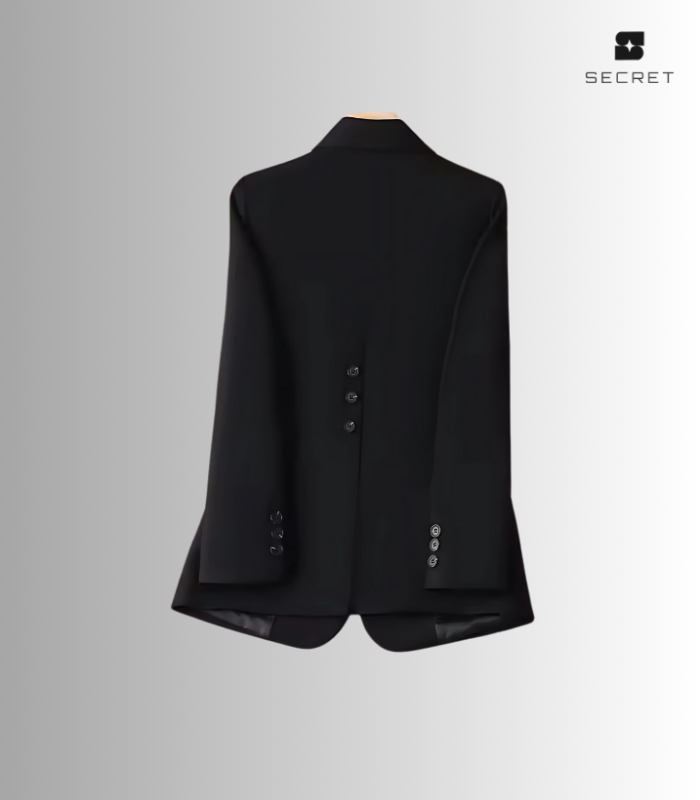 Women's white double-breasted blazer with long sleeves and turn-down collar, made from polyester and spandex blend.