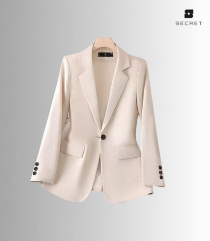Women's white double-breasted blazer with long sleeves and turn-down collar, made from polyester and spandex blend.