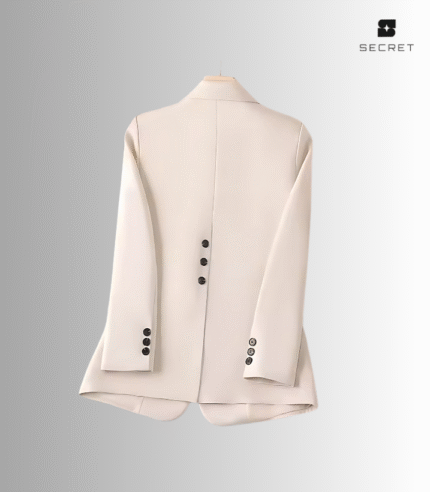 Women's white double-breasted blazer with long sleeves and turn-down collar, made from polyester and spandex blend.