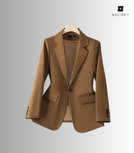 Women's white double-breasted blazer with long sleeves and turn-down collar, made from polyester and spandex blend.