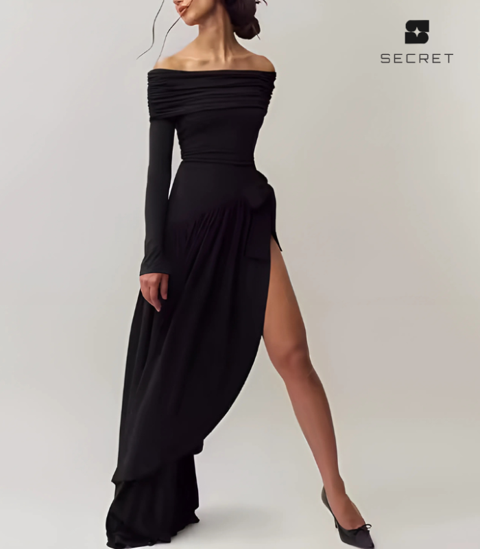 Elegant off-shoulder asymmetric high-slit long dress for women, backless and slimming fit