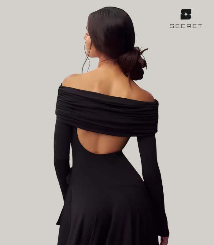 Elegant off-shoulder asymmetric high-slit long dress for women, backless and slimming fit