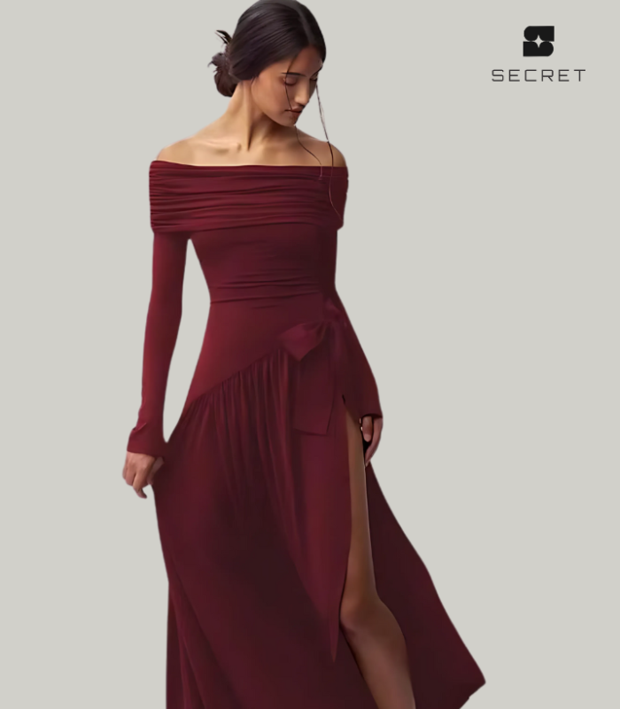 Elegant off-shoulder asymmetric high-slit long dress for women, backless and slimming fit