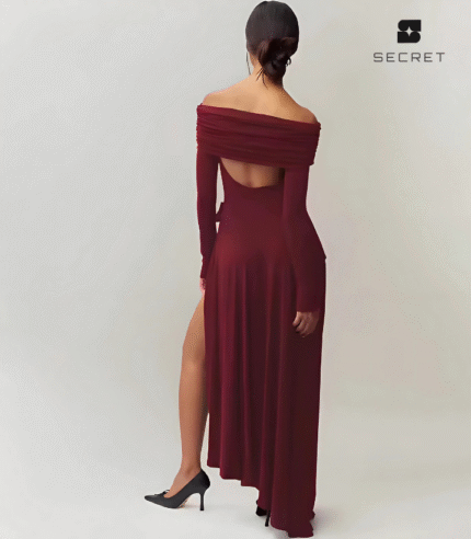 Elegant off-shoulder asymmetric high-slit long dress for women, backless and slimming fit