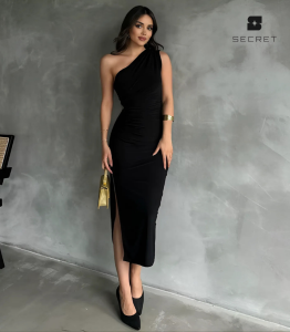 Luxe one-shoulder long evening dress with a high slit, elegant and flattering, perfect for UAE formal events and parties.