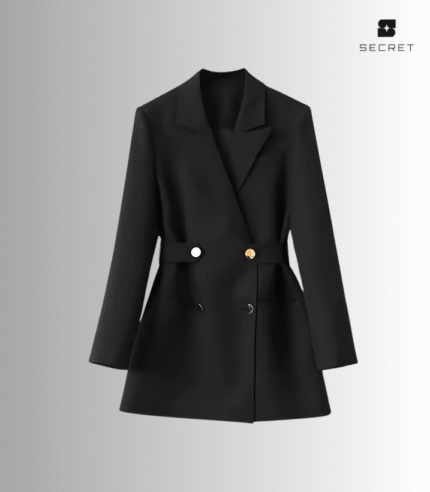 Alt Text: Women's solid color suit coat – long sleeve business blazer with breasted button design, perfect for office and casual wear.