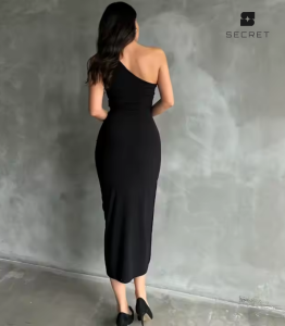 Luxe one-shoulder long evening dress with a high slit, elegant and flattering, perfect for UAE formal events and parties.