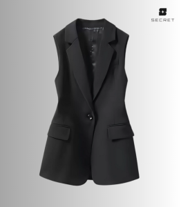 Stylish women's black suit vest – velour fabric, sleeveless outerwear for business, casual, and formal wear.