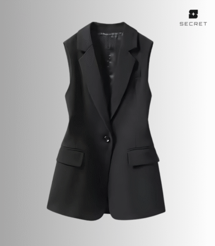 Stylish women's black suit vest – velour fabric, sleeveless outerwear for business, casual, and formal wear.