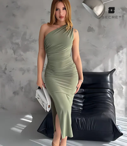 Luxe one-shoulder long evening dress with a high slit, elegant and flattering, perfect for UAE formal events and parties.