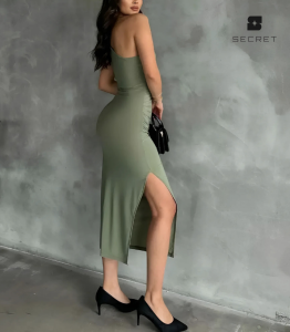 Luxe one-shoulder long evening dress with a high slit, elegant and flattering, perfect for UAE formal events and parties.