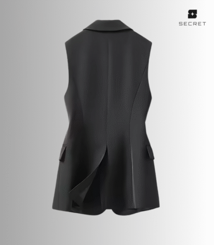 Alt Text: Stylish women's black suit vest – velour fabric, sleeveless outerwear for business, casual, and formal wear.
