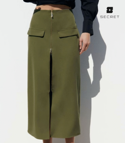 Zipper Fly Front Slit Long Skirt