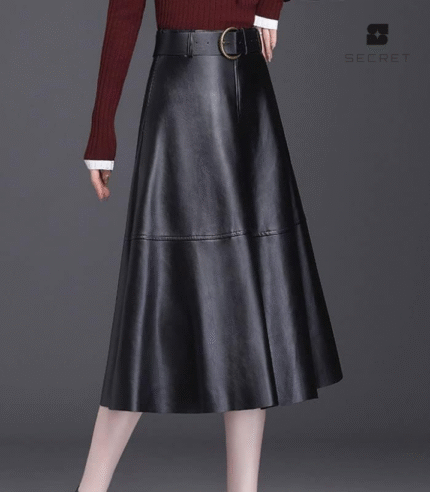 Sashes Zipper Fly Leather Long Skirt