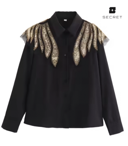 Turn-Down Collar Beaded Fashion Blouse