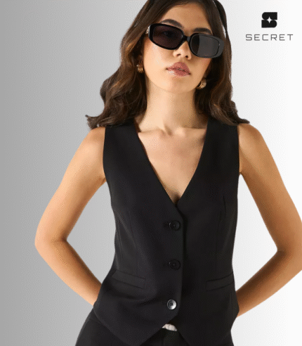 V-Neck Black Waistcoat & Long Skirt Set