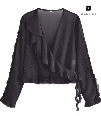 Front Ruffle Long Sleeve V-Neck Top
