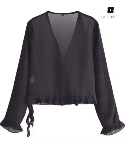 Front Ruffle Long Sleeve V-Neck Top