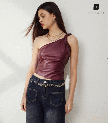 Pu Leather Slant Shoulder Crop Top